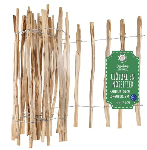 Creative Home Clôture en Bois de Noisetier de 70 cm de haut et 5 m de long | Cloture en Rouleau | Espacement des Lattes 7-9 cm | Clôture de Jardin | Bordure de Pelouse, Bordure de Parterre de Fleurs
