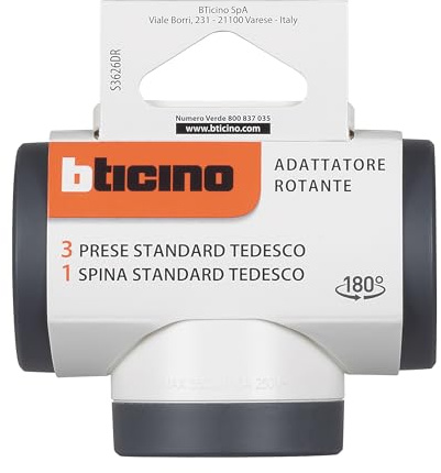 BTICINO Adattatore Rotante S3626DR, 3 Prese Schuko Standard Tedesco, Spina Grande 16A Rotante 180°, Presa multipla su 3 Lati, Potenza Fino a 3500W, Multi Adattatore Versatile, Salvaspazio