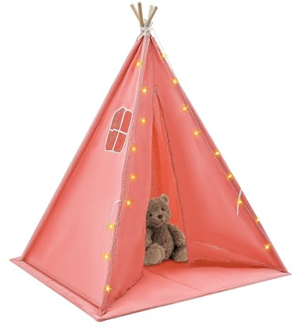 Tipi Tienda de campaña para niños, 120 x 120 x 140 cm, Tippi, tienda de campaña plegable para interiores, habitación infantil, con cadena de luces mate (rosa)