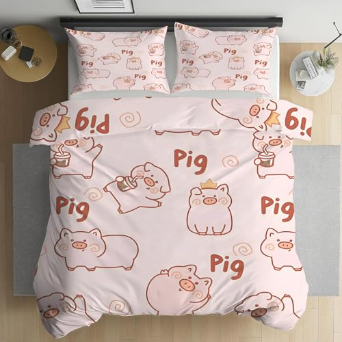 PNHCL Bettwäsche 135 x 200 cm 3 Teilig - Schwein Kinder Bettbezug mit Reißverschluss, Tiere Wendebettwäsche Set mit 2 Kissenbezug 80x80 cm Rosa