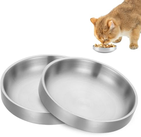 2 Stück Futternapf Katze, Flach Katzennapf aus Edelstahl Katzennäpfe Sturzsicher Wassernapf Doppellagige Futterschale für Trockenfutter und Nassfutter