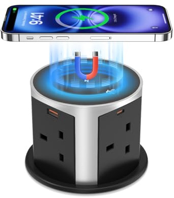 Jgstkcity Pop up Socket USB C 20W, 15W Magnetic Wireless Charger, Black | 4 Way Pop up Power socket, 4 USB‑C Ports, 3.94'' Hole, 2m Cable, Worktop Mounted Design for Office, Gaming & Dorm
