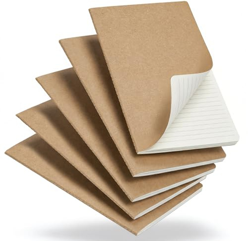 5er Set Notizbuch A5 Liniert - Kraftpapier-Notizheft mit Fadenbindung | 60 Seiten, 80g/m² beiges Papier, flachliegend für Schule, Büro, Reise & tägliche Notizen