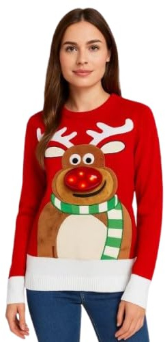 Sykesstyle Unisex Led Light Up Christmas Jumper Mens and Womens Xmas Tree Rudolph Print Knitted Tunic Novelty Jumpers Funny Vintage Pullover Sweater (UK, Numeric, 8, 10, Regular, Regular, Red)