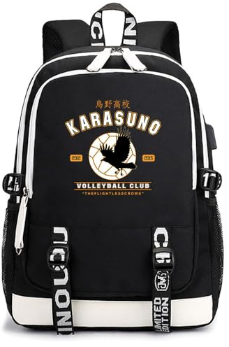 Huacaiyu Unisex Anime Haikyuu Rucksack Cartoon Cosplay Hinata Shoyo/Tobio Kageyama/Kozume Kenma Rucksack Schulrucksack Studenten Laptop Schultasche Schwarz