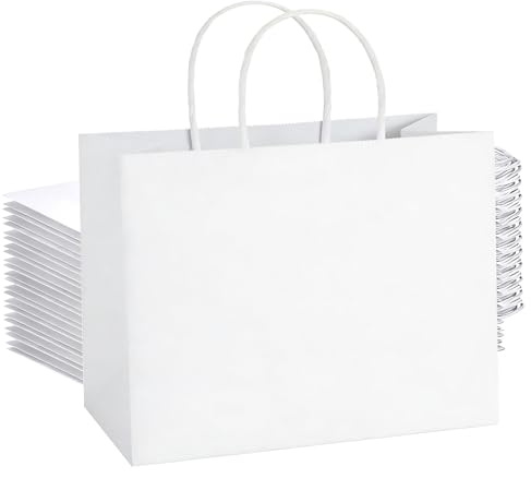 50 Weiße Kraft-Geschenktüten mit Henkel Groß 27 x 12 x 21 cm | Weiße Kraft-Papiertüten mit Henkel in großer Größe, geeignet für Geburtstage, Hochzeiten, Weihnachten, Halloween und Ostern