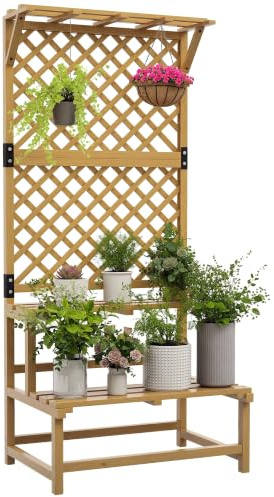 Outsunny Porta Piante da Esterno, Legno di Abete, 75x50x166 cm, Giallo | Fioriera con Grigliato per Rampicanti, Scaffale Porta Piante, 2 Ripiani a Doghe, Barra Superiore