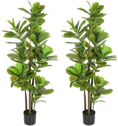 HOMCOM 2-Pack Árboles Ficus lyrata Artificiales de Interior 150cm Verde | Planta falsa Ficus lyrata, maceta cemento, 120 hojas reales, árbol falso, casa oficina sala dormitorio