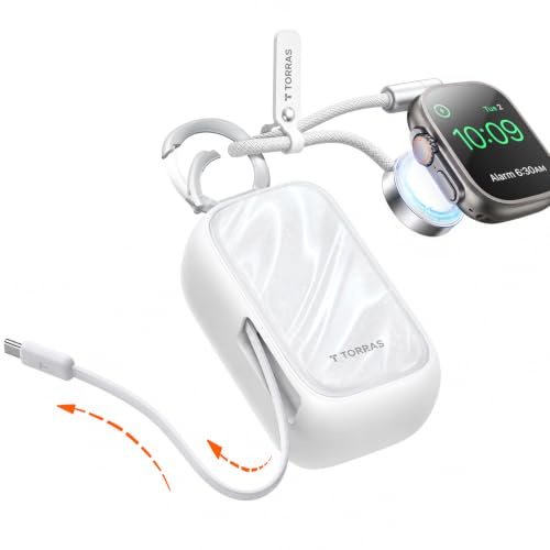 TORRAS PearlGo Powerbank 10000mAh, Kleine Powerbank mit Kabel, Perlweiß | 45W Schnellladen, 70 cm USB-C Einziehkabel mit Karabiner, für iPhone und Apple Watch, ideal für Reisen, Pendeln und Shopping