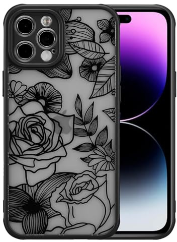 XIZYO Aesthetic Rose Flower Case for iPhone 14 Pro 6.1 Inch, Black | Cute Rose Floral Pattern, Translucent Frosted Touch, Luxury Women Girly Design, Soft TPU, Slim Thin, Shockproof Anti-Yellow