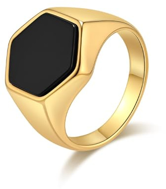 Tolldek Ehe Ring Herren Edelstahl 17mm, Trauring Mann Sechseck, Deko Ringe Hochzeit mit Schwarzer Stein für Männer, Gr.54-70