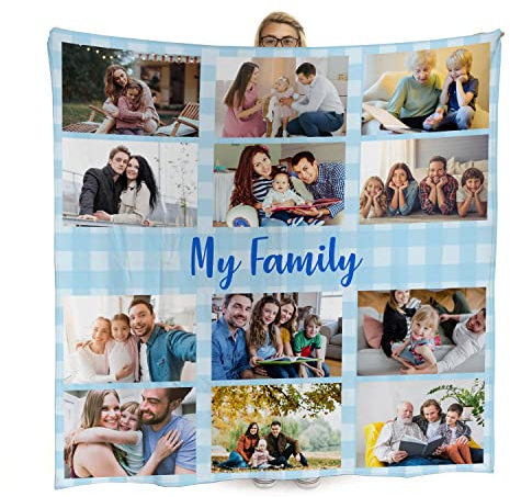 L&S PRINTS Personalised Blue Gingham Blanket 12 Photo Collage Picnic Photo Gift Extra Large Luxury Warm Fleece Throw 150cm x 150cm - Made In England