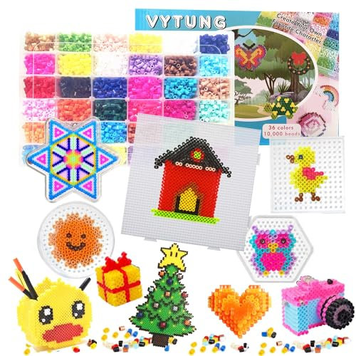 Vytung Fuse Beads Kit-10000pcs 36Colors(6 Glow in Dark) 5Pegboards 89 Patterns(29 Full Size) Ironing Papers Tweezers Storage Case Hama Beads Compatible Kit