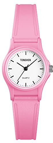 TONSHEN Mode Simple Enfant Montre Femme Fille et Garçon 50M Etanche Plastique Caisse et Caoutchouc Ruban Analogique Quartz Montres Bracelet (Rose)