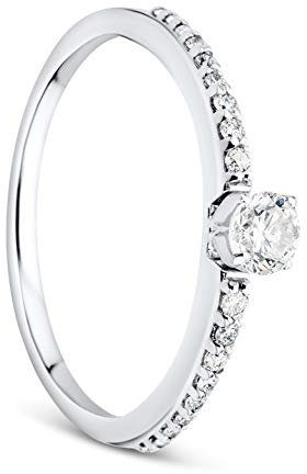 OROVI Damen Ring Weißgold 0.21 Ct Zentraler Solitär Diamant Verlobungsring 9 Karat (375) Gold und übrige Diamanten Brillanten 0.10 Ct