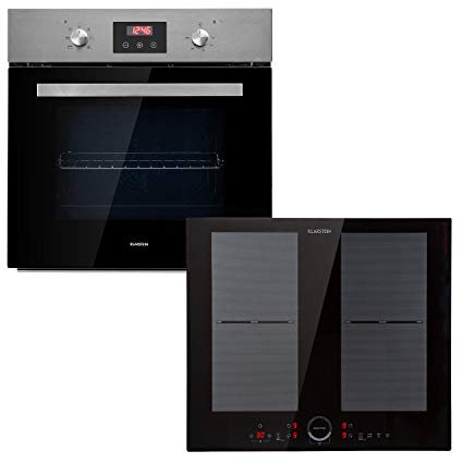 Klarstein Kalahari Delicatessa lote de horno - Horno y placas de cocina, Placa de inducción de 4 zonas de 7000 W (2 x 2000 W / 2 x 1500 W), Horno de 68 litros/clase A, Negro, Acero inoxidable