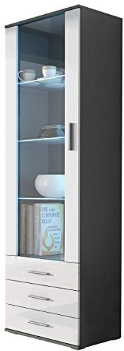 Vitrine mit Blauer LED Beleuchtung SOHO S1 Vitrinenschrank Standvitrine Stauraumvitrine Glasvitrine Schrank Wohnzimmerschran (Grau/Weiß Hochglanz)