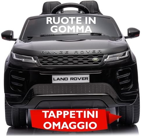 Range Rover Evoque Auto Macchina Elettrica per Bambini 12V con Ruote in Gomma Sedile in Pelle Cintura Sicurezza 5 Punti Telecomando Luci LED MP3 USB Bluetooth Ammortizzatori Tappetini Omaggio Nero