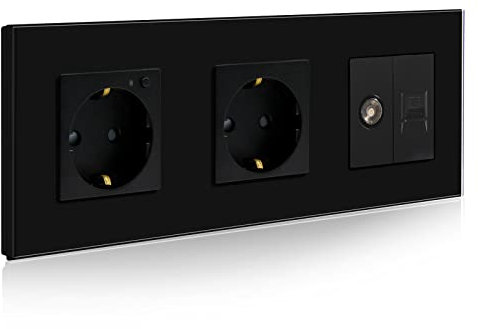 BSEED Schuko Steckdose mit 1/2 PC mit TV Schwarz Glas Panel Steckdose Glas TV antenna coaxial and RJ55 Cat5e Ethernet 16 Amp Steckdose 228mm Doppelt Wandsteckdose Verlängerungssteckdosen