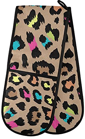 PUXUQU Oven Gloves Double Oven Mitts Gloves, Colourful Leopard Print Heat Resistant Oven Gloves for Baking BBQ Kitchen Cooking Gloves