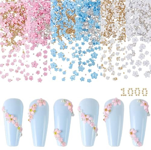 NICENEEDED 6 Bags Flower Nail Art Charms with Gold & Silver Beads, 1000Pcs 3D Five-Petal Flower Ornaments Nail Gems for Women Girls DIY Nail Design Nail Art Supplies