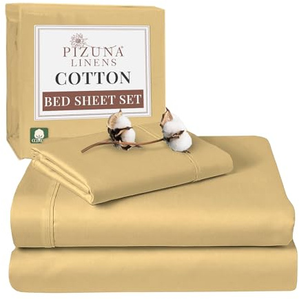 Pizuna 100% Cotton Single Bed Sheet Set Tan, 400 Thead Count Long Staple Cotton Bedding Set 180x280 cm, Soft Sateen 3 PC Single Bed Sheet Set - Fitted Sheet, Flat Sheet & 1 Pillowcase