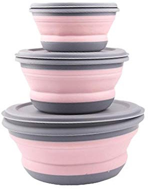 Razatik Lot de 3 bols pliables avec couvercle - Pour le camping, la randonnée, la cuisine, l'école en plein air - Rose