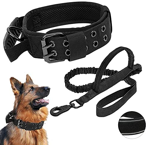WOOLUCK Halsband Taktisches Hundehalsband mit Griff, Reflektierendes Verstellbare Hundehalsband mit Robuste Metallschnalle, Militär Hundehalsband und Leine Set, für Mittlere Große Hunde,L
