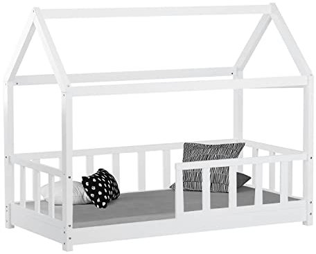 Homestyle4u 2048, Hausbett 80x160 mit Rausfallschutz Montessori Bett Bodenbett Kinderbett Weiß Holz Kiefer Lattenrost