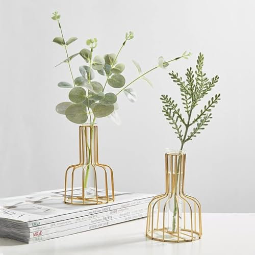 2 Stück goldene Blumenvase mit Metallrahmen, klares Glas, Reagenzglas, dekorativ, kleine Knospenvasen, Geschenke für Hochzeitsdekoration, Tischblumendekoration, Innendekoration, Wohnzimmerdekoration