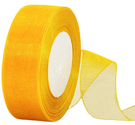 45m Organzaband Gelb 38mm Breit Chiffo Geschenkband,Transparentes Gelb Organza Bänder Chiffonband Schleifenband Dekoband Geschenkverpackung Deko Band Tüllband für Weihnachten Hochzeit Taufe Geburtstag