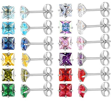 12 Paar chirurgische Edelstahl-Ohrstecker, 18K vergoldet Silber Stern Herz Teardrop Quadrat Cubic Zirkonia Birthstone Ohrstecker Set (Silver square 4mm)