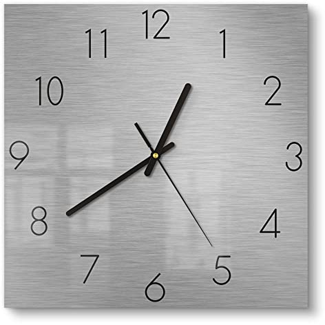 DEQORI Glasuhr | 30x30 cm | Motiv Gebürsteter Stahl | ausgefallene leise Design Uhr aus Glas | Wanduhr für Wohnzimmer & Küche | moderne Hingucker Uhr für die Wand