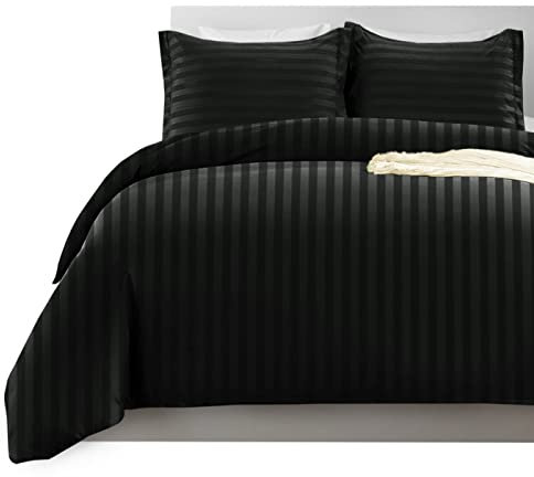Imperial Rooms Double Duvet Set Reversible Stripes Satin Bedding Set with Pillowcases Breathable Microfiber Duvet Cover (Black 200x200 Cm)