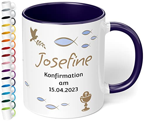 Tasse zur Konfirmation mit Namen und Datum personalisiert „Konfirmation am“ – 330ml Keramik Kaffeetasse für Mädchen & Jungen - Konfirmations-Geschenke (Kobaltblau)
