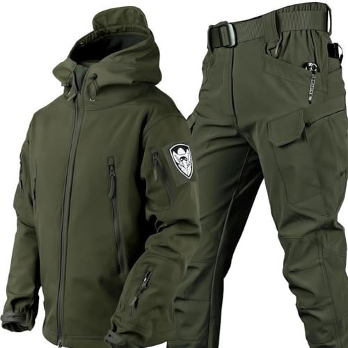 WENNEWU Men's Tactical Softshell Suit, Fleece-Lined Jacket and Trousers Set