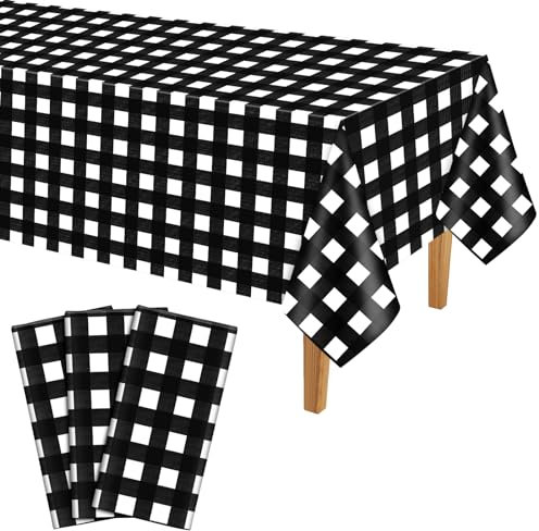 PLULON 3er-Pack schwarz-weiß Karierte Flaggen-Tischdecken Kunststoff Büffelkaro-Tischdecke Gingham Tischdecke 137,2 x 274,3 cm Rennwagen Picknick Babyparty Geburtstag Party Abendessen Tischdekoration
