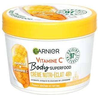 Garnier Body Superfood - Crème Corps Nutri-Éclat - Vitamine C & Mangue - 100H d'Hydratation - 97% d'Ingrédients d'Origine Naturelle - Pour Tous Types de Peaux - 380 ml