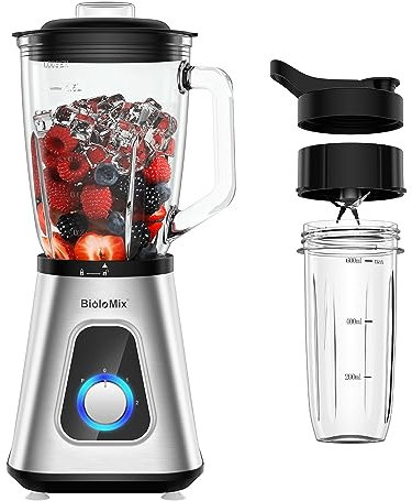 Biolomix Blender 1.5L Smoothie Maker with BPA-Free Glass Jug, Food Blender with 2 Speed Settings Pulse Function, Stainless Steel Blades, Fruit Juice, 1300 W