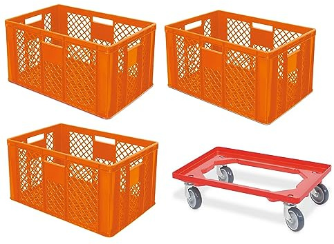 BRB 3x Eurobehälter durchbrochen, lebensmittelecht, 600x400x320 mm, inkl. Transportroller (orange)