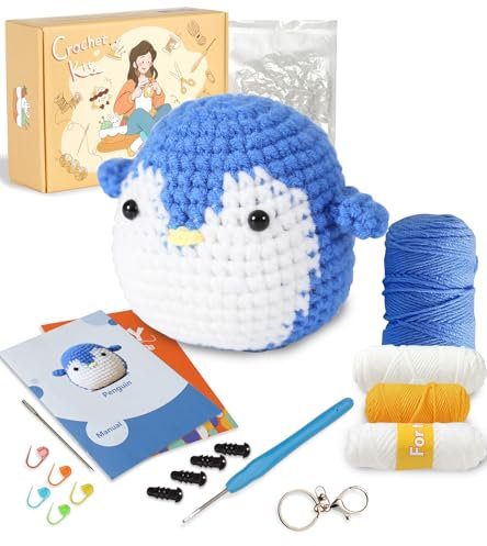 Ktmeor Häkelset für Anfänger, Häkelset mit Schritt-für-Schritt-Video-Tutorials, Häkel-Starter-Set für Erwachsene und Kinder mit DIY-Strickzubehör, 40% extra Übungsgarn - Pinguin