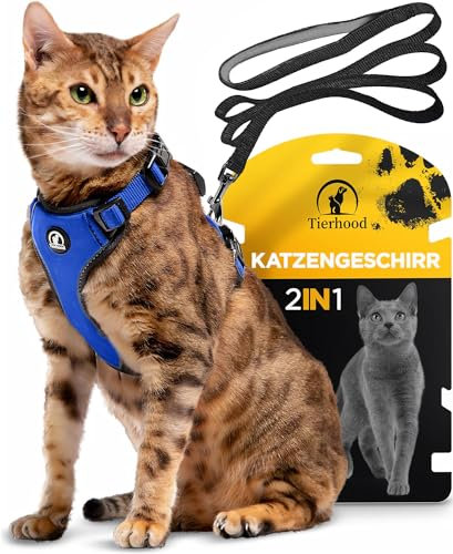 Tierhood Katzengeschirr mit Leine [Neue, LEICHTE Version] - Katzenleine mit Geschirr für Katzen und Kitten - Katzen Geschirr Set mit Leine - Kontrollierte Freiheit - Blau, Größe S