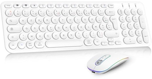 PINKCAT Ensemble Clavier et Souris sans Fil Bluetooth BT1+BT2+ 2,4 GHz, Combo Clavier AZERTY Souris Rechargeable Ultra Mince, Pack Clavier Souris pour PC/Tablette/Windows, iOS, Mac OS - Blanc