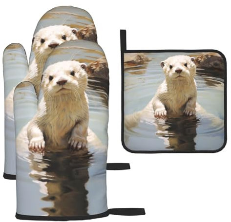 Weißer Otter Küchen-Backset, 3-teilig, Kochhandschuhe für Zuhause, Küche und Grillen im Freien