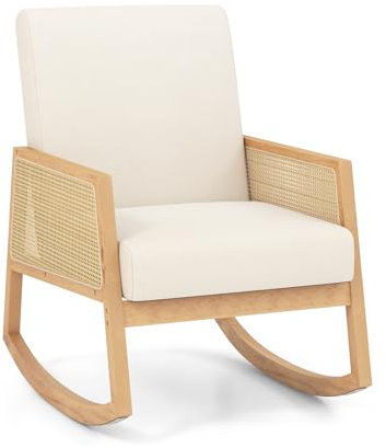 COSTWAY Leisure Rocking Chair, Linen Fabric Accent Glider Armchair with Upholstered Cushion and Rattan Armrests, Modern High Back Relax Lounge Rocker for Living Room Bedroom Nursery, Beige+Natural