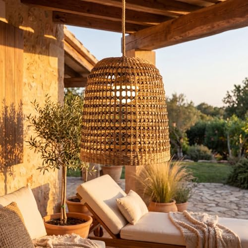 Licht-Erlebnisse LED Pendelleuchte außen wechselbares LED Modul Dimmer Fernbedienung Ø 33 cm IP54 Boho Hängelampe Außenleuchte Garten Terrasse Balkon