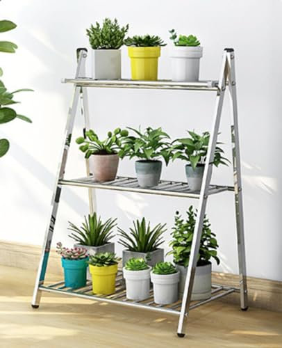 NIBHZ Blumentopfregal, Bodenstehend, Mehrschichtig, Blumenregal, Wohnzimmer, Balkon, Gestuft, Haushalt, Edelstahl, Sukkulenten-Blumenregal,silver-60cm