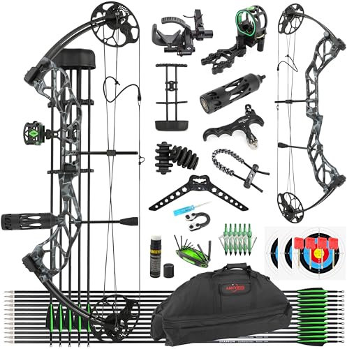 SHARROW Bogenschießen Compound Bogen und Pfeile Set für Erwachsene Anfänger Jagd und Targeting, 19-70 Lbs Ziehgewicht, 19-30 Auszugslänge, IBO 320 fps, Jagd Compoundbogen Kit (Schwarz Camo)