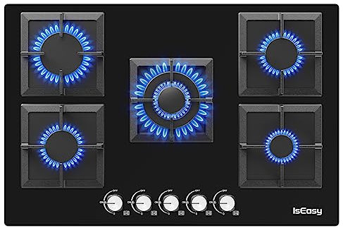 IsEasy - Placa de cocina de gas de 5 fuegos mesa de cocción de gas 77 cm 10500 W