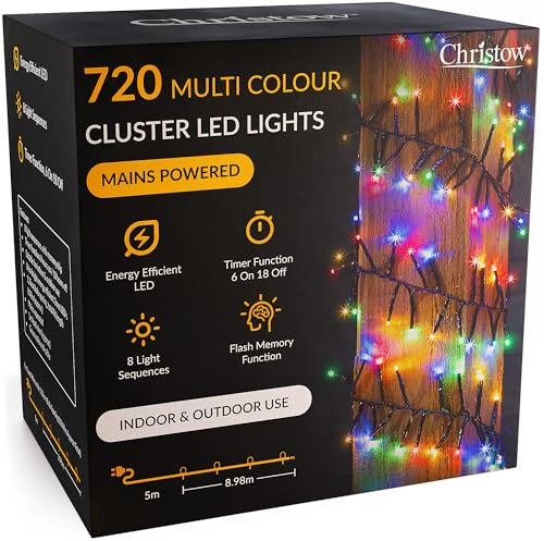 CHRISTOW 720 LED Cluster Christmas Tree Lights, Multi-Coloured Fairy Lights with Timer, 8 Light Modes, Energy Efficient 3mm Micro LEDs, Indoor & Outdoor, Mains Powered, Green Cable, 8.98m Lit Length